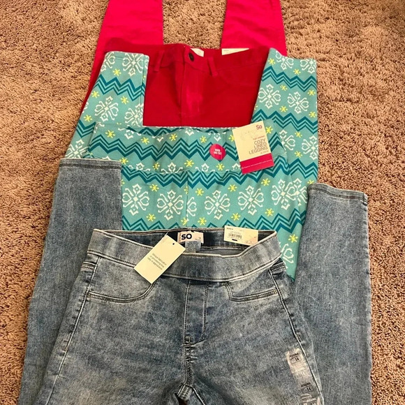 NWT new Set of 3 SO leggings jeggings girls 14 pink green blue denim - Picture 5 of 17